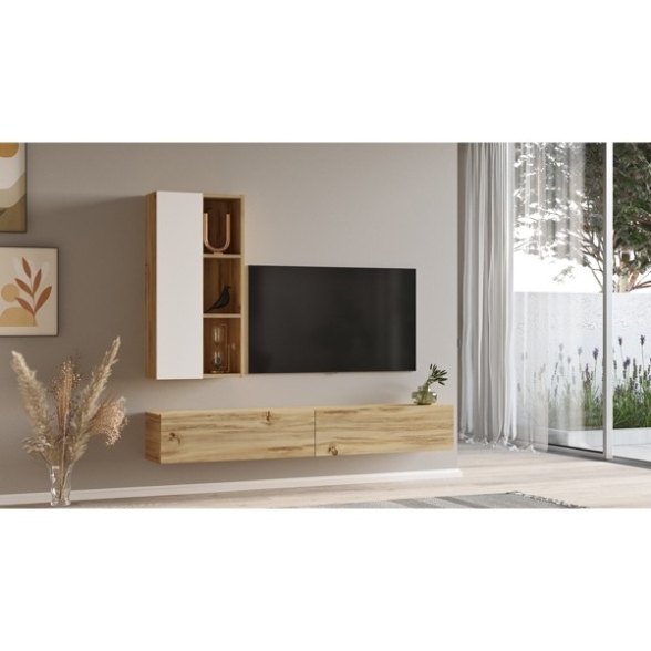 Mobile TV Sospeso Rovere Effetto Legno 175 Cm Con Libreria Luvio