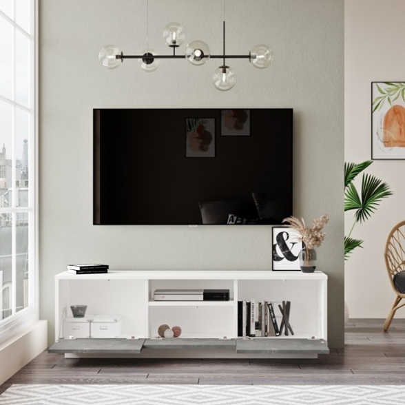 Mobile Porta Tv Da Terra 140x35x42 Bianco E Cemento Ante A Ribalta Luvio