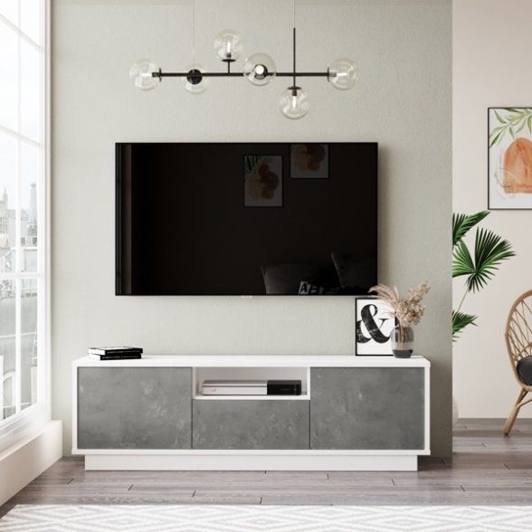 Mobile Porta Tv Da Terra 140x35x42 Bianco E Cemento Ante A Ribalta Luvio