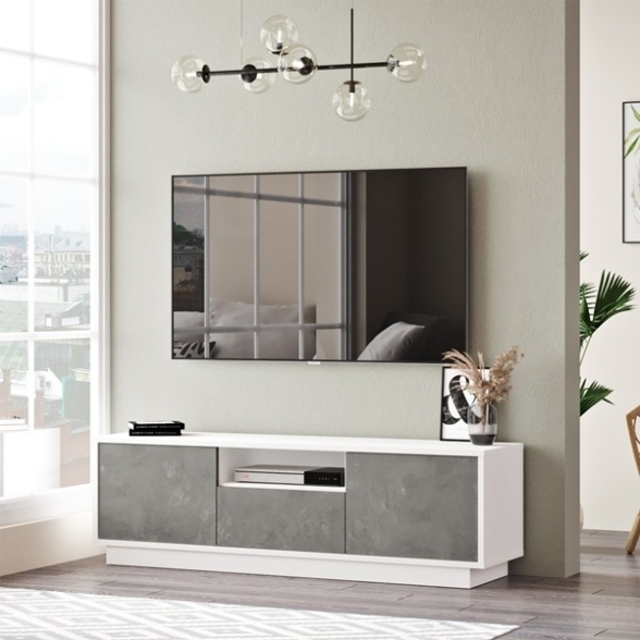 Mobile Porta Tv Da Terra 140x35x42 Bianco E Cemento Ante A Ribalta Luvio