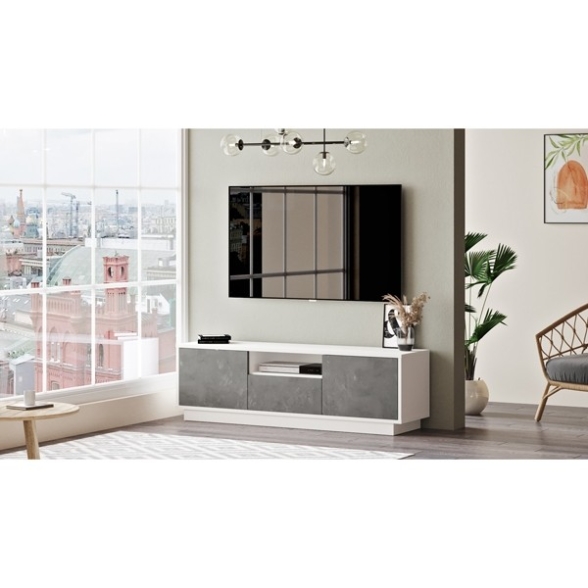 Mobile Porta Tv Da Terra 140x35x42 Bianco E Cemento Ante A Ribalta Luvio