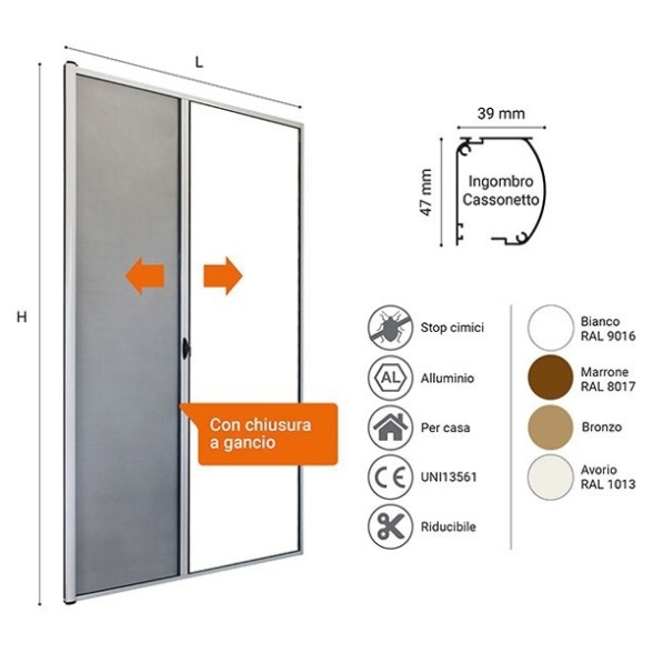 Zanzariera Per Porta Apertura orizzontale 150x250 Riducibile Bronzo