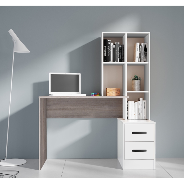 Scrivania Con Libreria E 2 Cassetti 117x50x143 Rovere Grigio/Bianco
