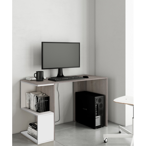 Scrivania Effetto Legno 117x50x73,5 Ripiani Laterali Rovere Grigio/Bianco