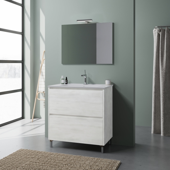 Mobile Bagno Da Terra 2 Cassetti 80 Cm Lisbona Rovere Bianco