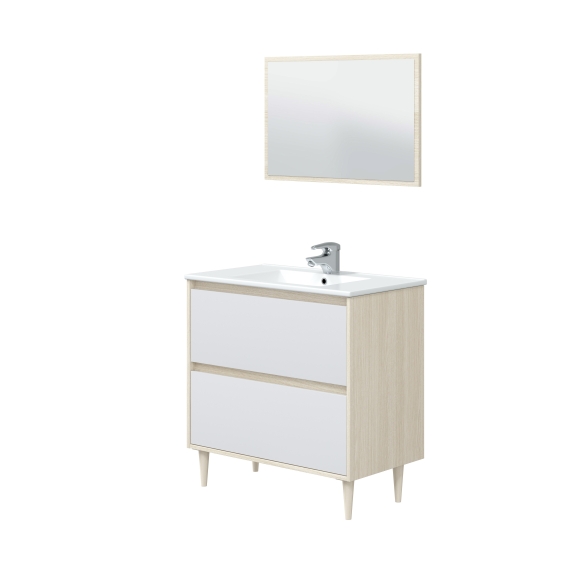 Mobile Bagno Da Terra 80 Cm Con Lavabo E Specchio Verona Bianco E Rovere