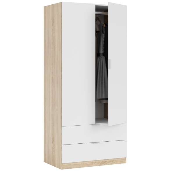 Armadio Guardaroba 2 Ante 2 Cassetti Con Barra Appendiabiti 80x52x180 Bianco E Rovere