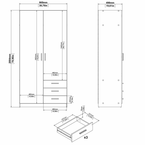 Armadio Guardaroba 2 Ante 3 Cassetti 100 cm Bianco