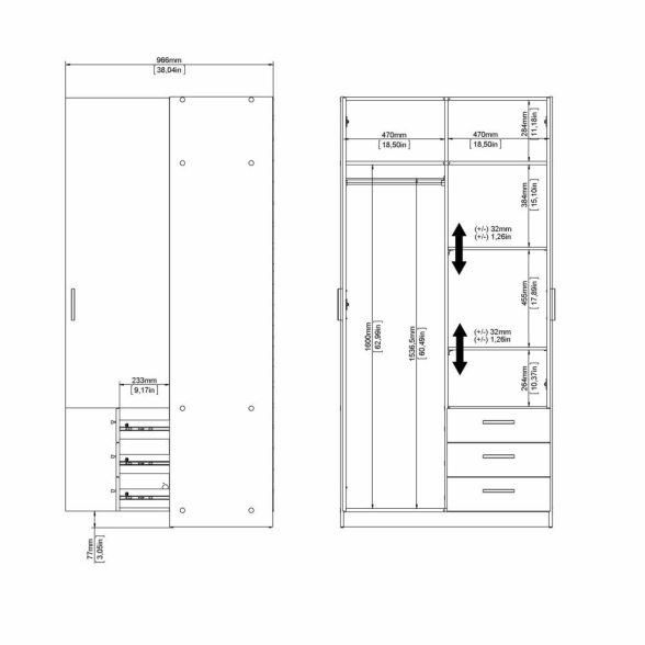Armadio Guardaroba 2 Ante 3 Cassetti 100 cm Bianco