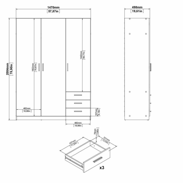 Armadio Guardaroba 3 Ante 3 Cassetti 150 cm Bianco