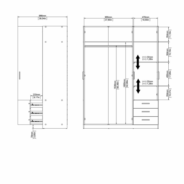 Armadio Guardaroba 3 Ante 3 Cassetti 150 cm Bianco