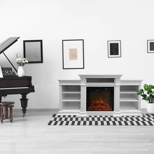 Camino elettrico caminetto da terra BIDEN in legno Bianco 179x48xH85
