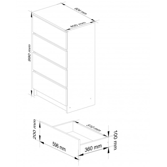 Cassettiera Moderna 60x40x100 Cm 4 Cassetti Bianco Opaco Artika