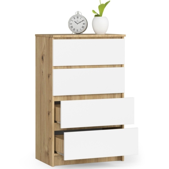 Cassettiera Moderna 60x40x100 Cm 4 Cassetti Rovere Effetto Legno E Bianco Artika