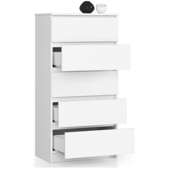 Cassettiera Moderna 60x40x120 Cm 5 Cassetti Bianco Opaco Artika