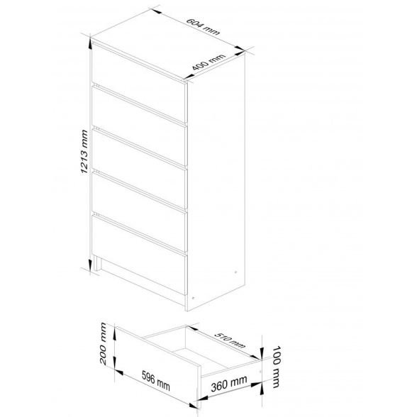 Cassettiera Moderna 60x40x120 Cm 5 Cassetti Bianco Opaco Artika