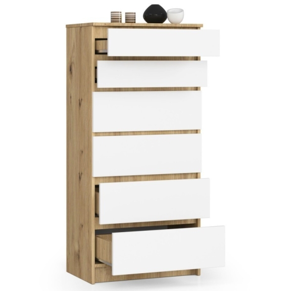 Cassettiera Moderna 60x40x130 Cm 6 Cassetti Bianco E Rovere Effetto Legno Artika