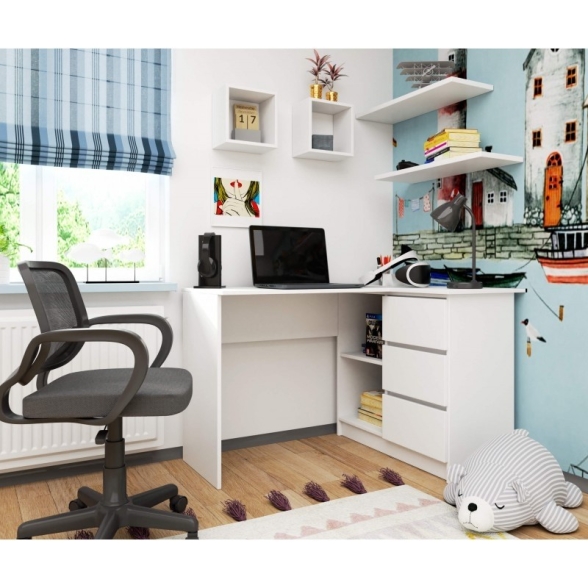 Scrivania Angolare 124 Cm Destra 3 Cassetti Bianco Opaco Artika