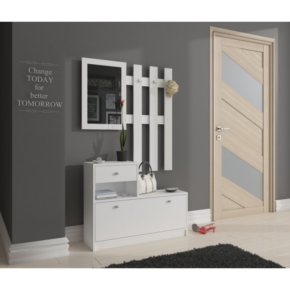 Mobile Ingresso 90 Cm Con Scarpiera Appendiabiti E Specchio Bianco Opaco Ralph