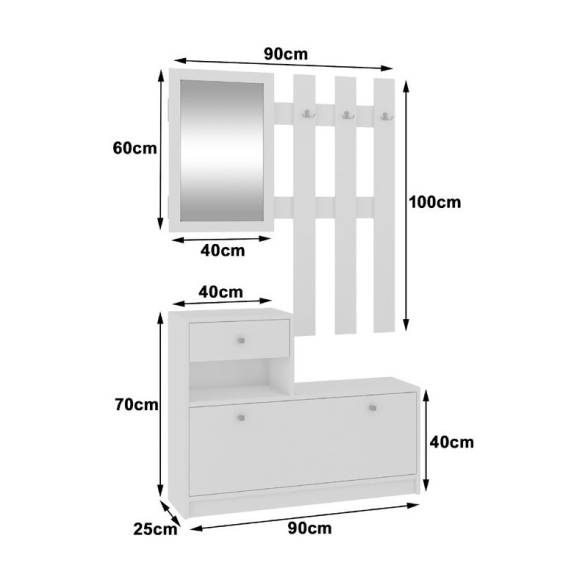 Mobile Ingresso 90 Cm Con Scarpiera Appendiabiti E Specchio Bianco Opaco Ralph