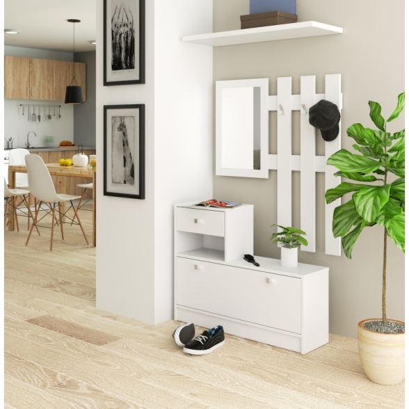 Mobile Ingresso 90 Cm Con Scarpiera Appendiabiti E Specchio Bianco Opaco Ralph