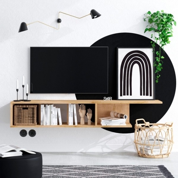 Mobile TV Sospeso 150x24x26 Vani A Giorno Effetto Legno Rovere Pan