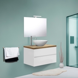 Mobile Bagno Sospeso 80 Cm Con Lavabo Bianco Lucido Top Rovere Rio