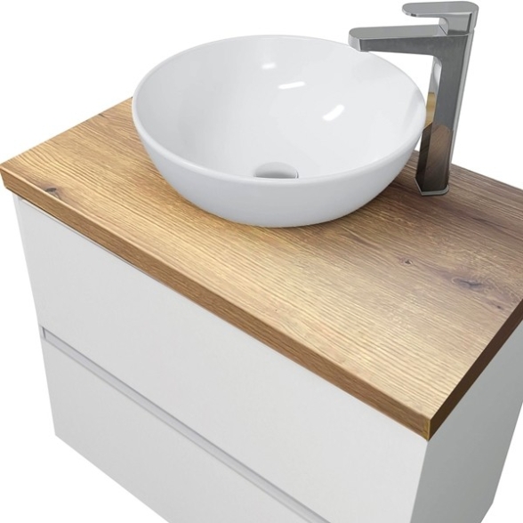 Mobile Bagno Sospeso 80 Cm Con Lavabo Bianco Lucido Top Rovere Rio