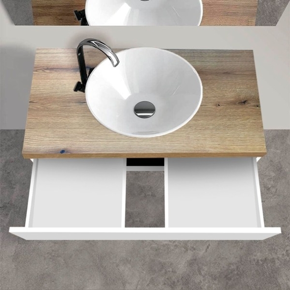 Mobile Bagno Sospeso 80 Cm Con Lavabo Bianco Lucido Top Rovere Rio