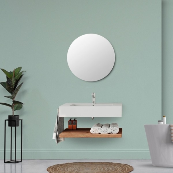 Lavabo Sospeso Bianco Opaco 80 Cm Con Mensola Effetto Legno E Specchio - Roma