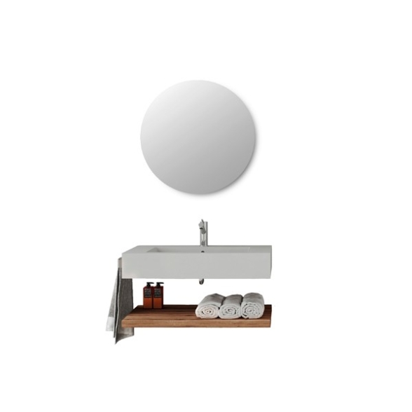 Lavabo Sospeso Bianco Opaco 80 Cm Con Mensola Rovere E Specchio - Roma