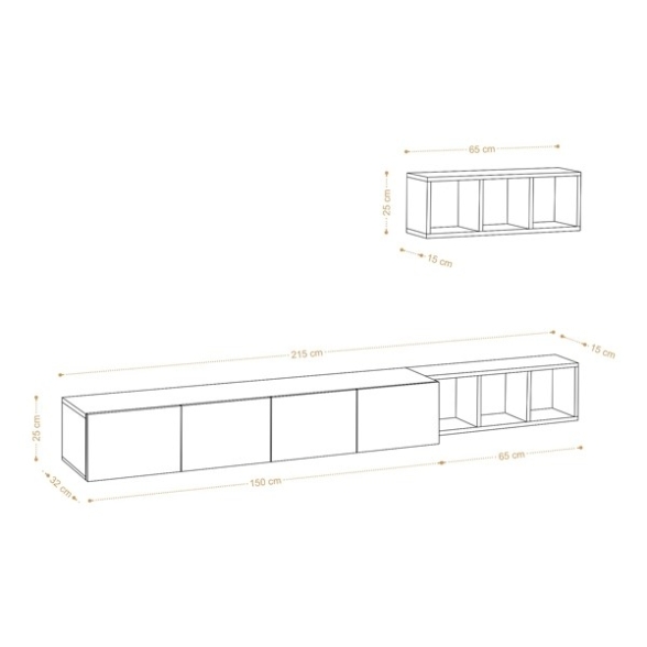 Mobile Porta TV Sospeso 215 Cm Bianco Con Mensole Effetto Legno Pia