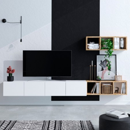 Set porta TV e mensola a muro Ellipsis in legno e bianco crema