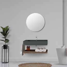 Lavabo Sospeso Grigio Opaco 80 Cm Con Mensola Rovere E Specchio - Roma