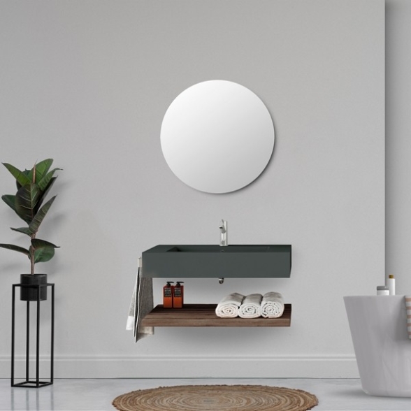 Lavabo Sospeso Grigio Opaco 80 Cm Con Mensola Rovere E Specchio - Roma