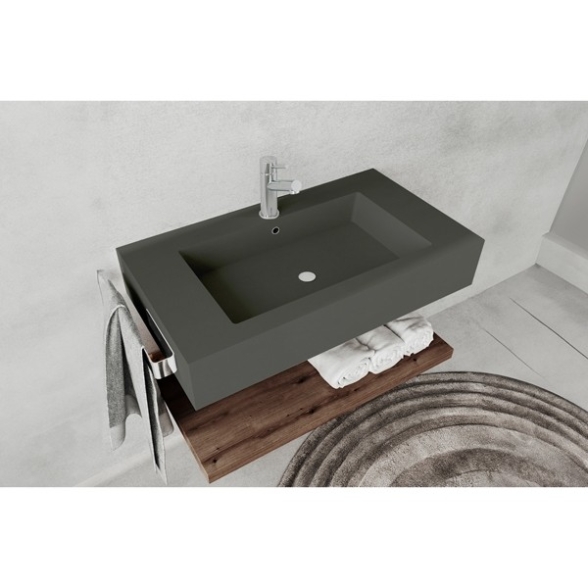 Lavabo Sospeso Grigio Opaco 100 Cm Con Mensola Rovere E Specchio - Roma