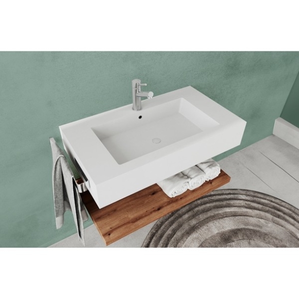 Lavabo Sospeso Bianco Opaco 100 Cm Con Mensola Rovere E Specchio - Roma