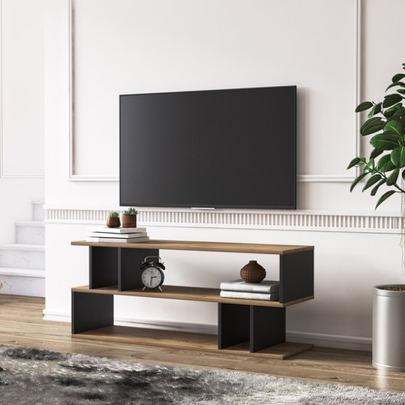 Mobile Porta TV Da Terra Design Moderno 120x35x49 Nero E Noce Piramide