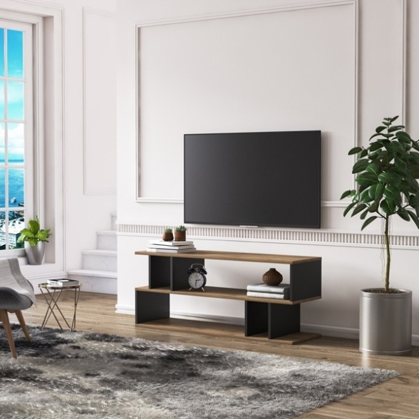 Mobile Porta TV Da Terra Design Moderno 120x35x49 Nero E Noce Piramide