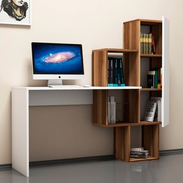 Scrivania Porta PC Con Anta Laterale E Ripiani Bianco E Noce Acelya