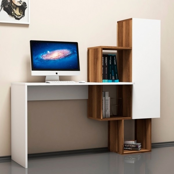 Scrivania Porta PC Con Anta Laterale E Ripiani Bianco E Noce Acelya
