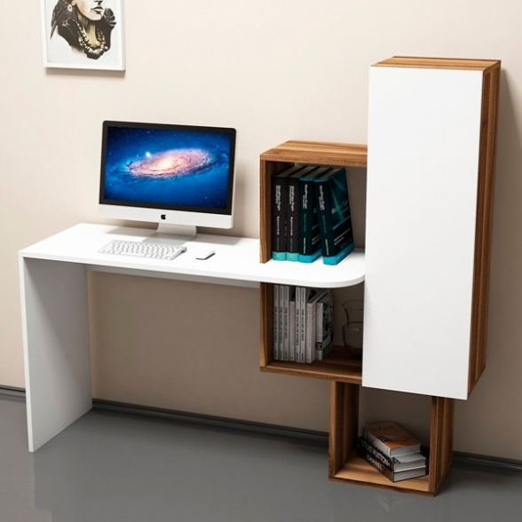 Scrivania Porta PC Con Anta Laterale E Ripiani Bianco E Noce Acelya