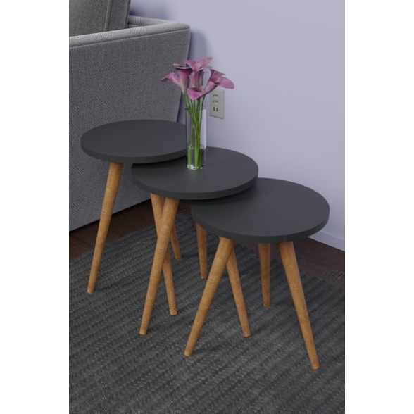 Set 3 Tavolini Decorativi Da Salotto Gambe Legno Aphrodite Antracite