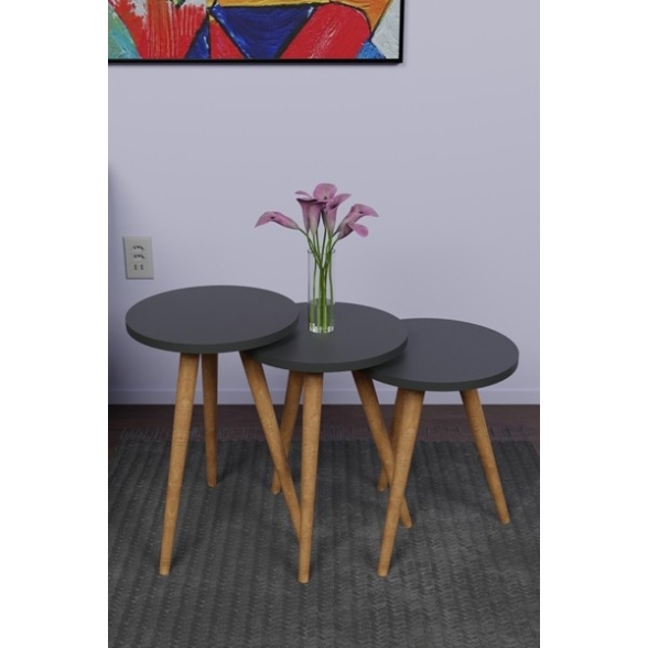 Set 3 Tavolini Decorativi Da Salotto Gambe Legno Aphrodite Antracite