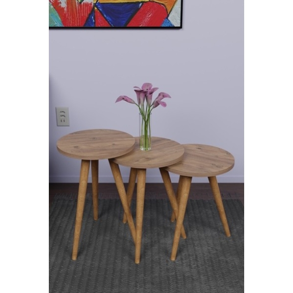 Set 3 Tavolini Decorativi Da Salotto Gambe Legno Aphrodite Rovere