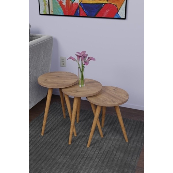 Set 3 Tavolini Decorativi Da Salotto Gambe Legno Aphrodite Rovere