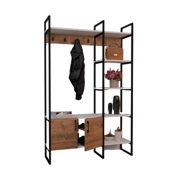 Mobile Ingresso Industrial 120x34x180 Con Scarpiera Appendiabiti E Ripiani Yago Rovere E Bianco