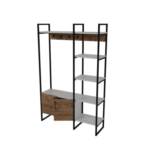 Mobile Ingresso Industrial 120x34x180 Con Scarpiera Appendiabiti E Ripiani Yago Rovere E Bianco