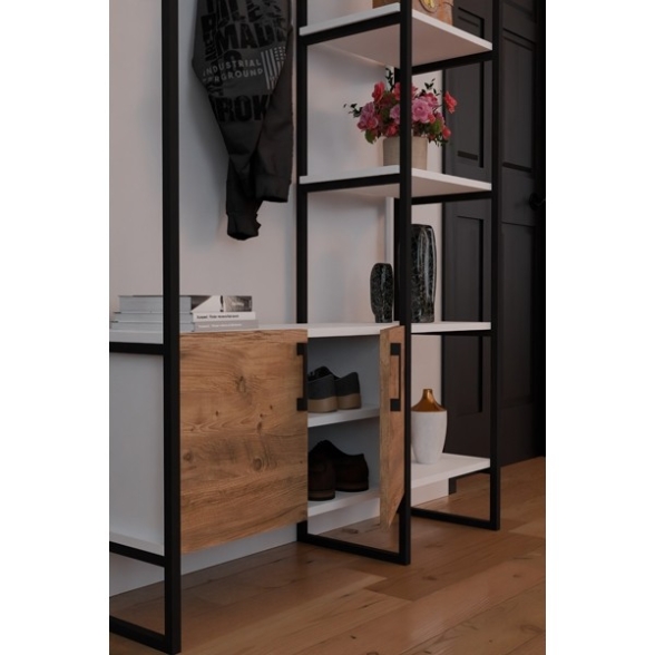 Mobile Ingresso Industrial 120x34x180 Con Scarpiera Appendiabiti E Ripiani Yago Rovere E Bianco