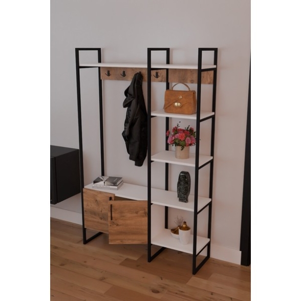 Mobile Ingresso Industrial 120x34x180 Con Scarpiera Appendiabiti E Ripiani Yago Rovere E Bianco
